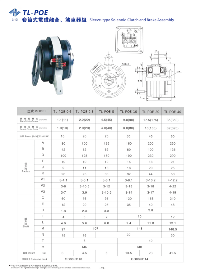 套筒式電磁離合剎車器組TL-POE型規(guī)格型號參數(shù)表